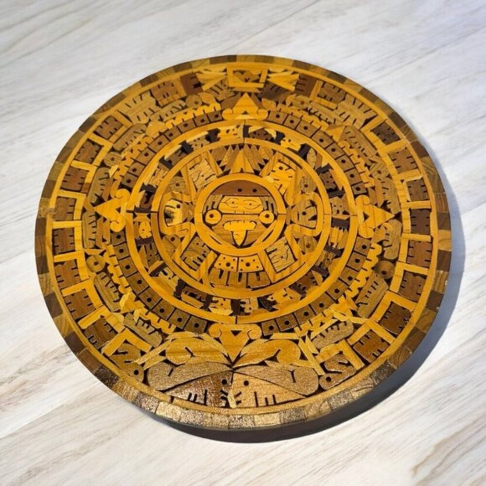 Vintage Handcrafted Wooden Mexican Aztec Calendar Inlay Mosaic Wall Decor